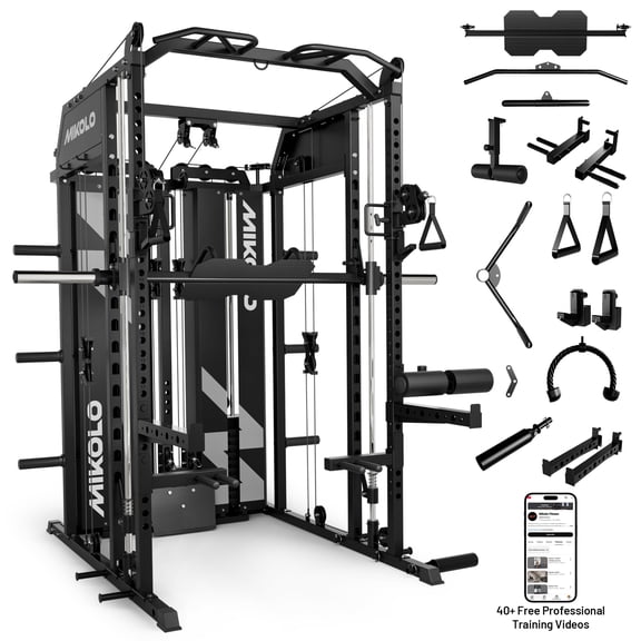 Mikolo Horus Smith Machine & Functional Trainer, 2×2"Uprights (33 Holes), Dual 128LBS Weight Stack, Dual High/Low Cables, Full Body Workout Home Gym