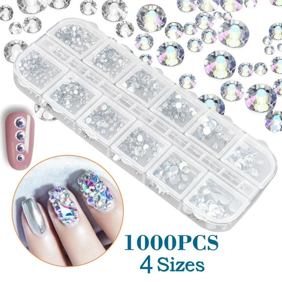 1000pcs Nail Rhinestones, Crystal Gems Stones Diamonds, DIY Glass Sand Rhinestones Beads, Iridescent Crystals Long Lasting AB Shine for Art Crafts and Beauty Makeup