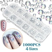 1000pcs Clear Nail Art stud Stones and Gems,12 Mixed Crystals Glass Nail Art Rhinestones, Flat Back Round Beads with Storage Organizer Box for Crafts, Face, Art, Clothes, Shoes