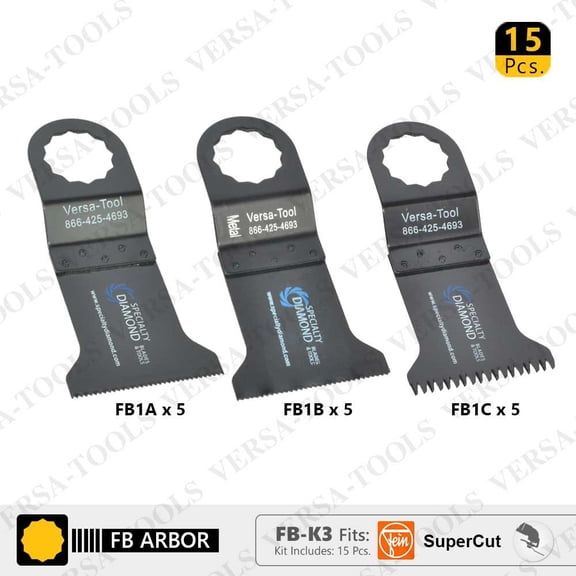 Versa Tool FB-K3 15 PC 45mm Wood / Plastic, Bi-Metal, Japan Cut Tooth HCS Multi-Tool Saw Blades Set for Fein Supercut Oscillating Tools (FB1A,1B,1C) 5 each