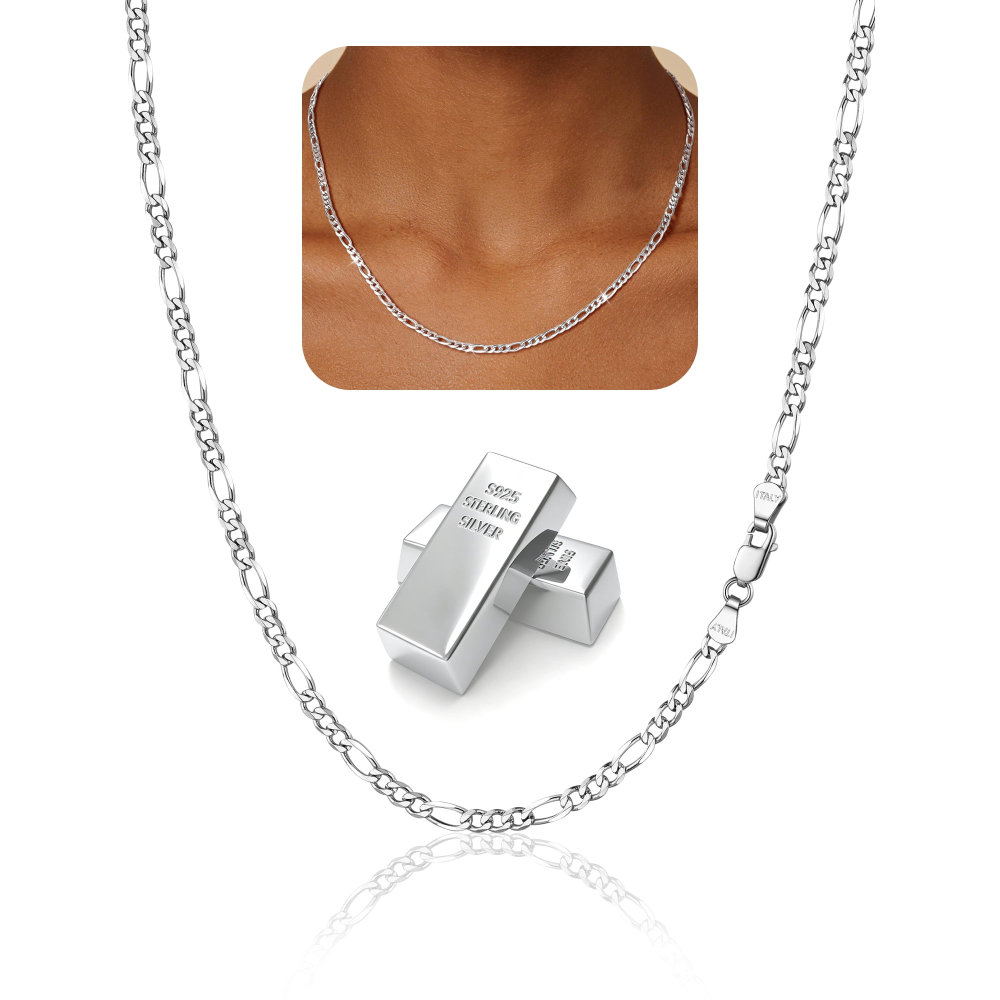 PROSTEEL Pure S925 Sterling Silver Chain for Women Sensitive Skin Hypoallergenic 3mm/5mm Figaro Necklace Birthday Graduation Gift for Female Mom Wife