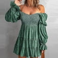 thumbnail image 2 of BLVB Womens Summer Fall Dresses Elegant Off The Shoulder V Neck Long Sleeve Ruffle Flowy Mini Skater Dresses, 2 of 4