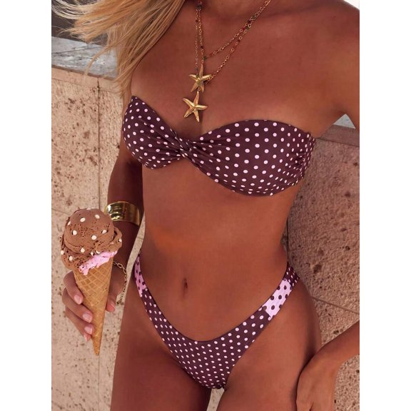 Women Aesthetic Bohemian Polka Dot Bandeau Bikini Two Piece Set, Soft Comfortable Elegant Resort Swimwear, Quick Dry Lightweight Bathing Suit For Summer Beach Vacation Poolside Leisure Holiday Outfit