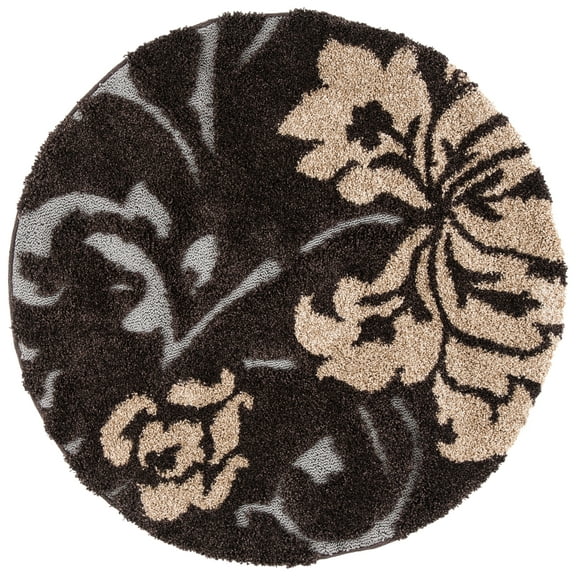 SAFAVIEH Florida Merrick Floral Shag Area Rug, Dark Brown/Smoke, 4' x 4' Round