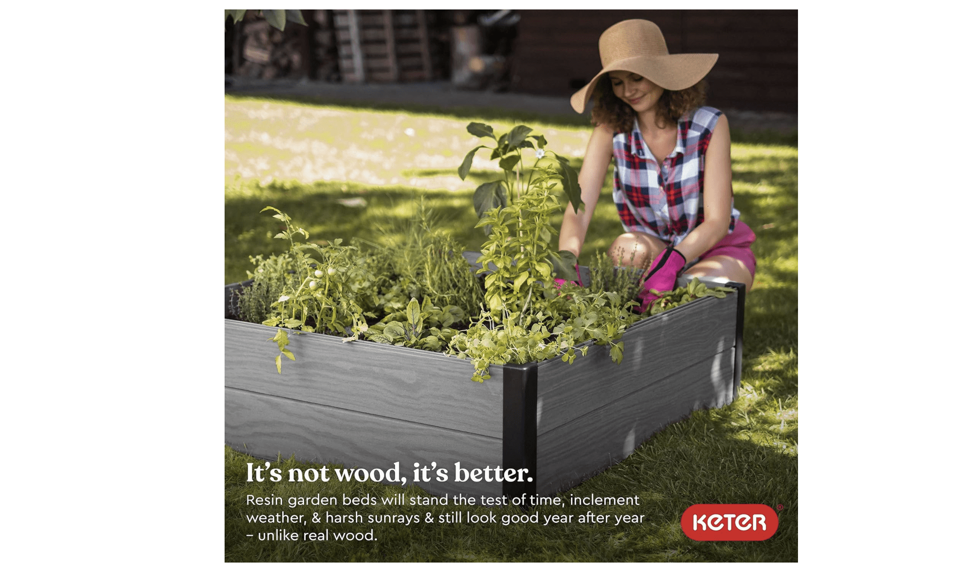 Keter 48" Wood Look Raised Garden Bed, Durable Outdoor Herb Garden Planter for Vegetables, Flowers, and Succulents, Grey
