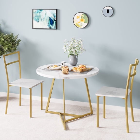 Small Round Kitchen Table with 2 Chairs, Dining Table Set for 2, 3-Piece Dinette Sets with Metal Frame for Breakfast Nook, Dining Room, and Small Space