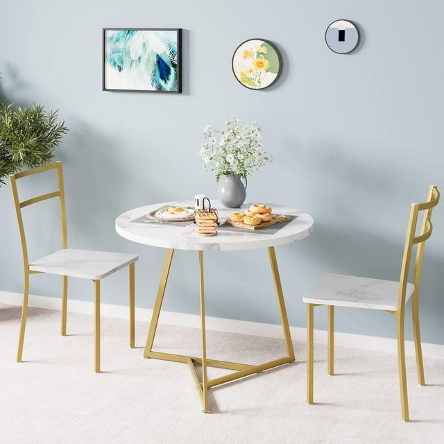 Ensemble de Table à Manger pour 2, Table de Cuisine Ronde et 2 Chaises, Cadre en Métal, Ensemble de Table de Cuisine 3 Pcs pour Petit Espace, Appartement, Studio