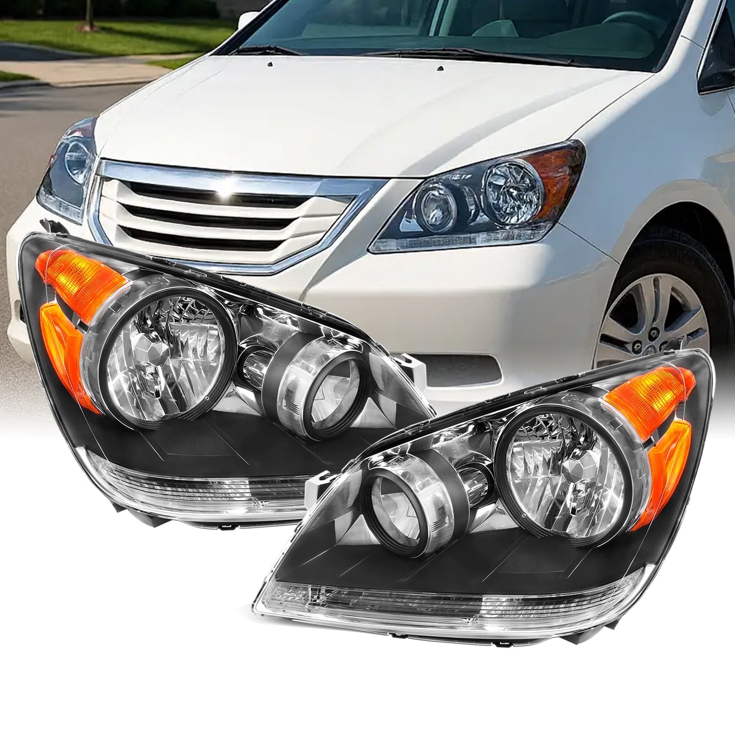 AKKON - Fits 2008 2009 2010 Honda Odyssey Van Front Black Housing Headlights Headlamps Assemblies Replacement