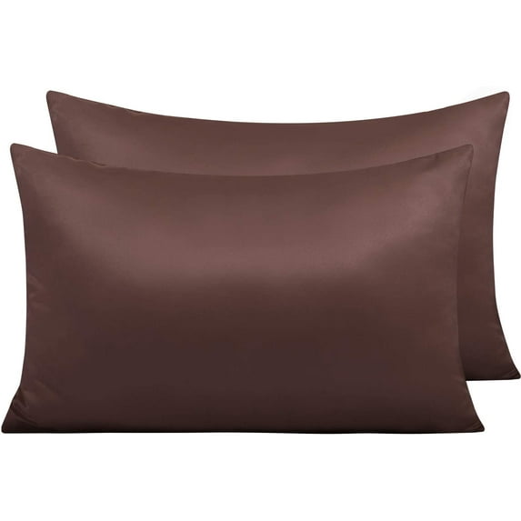 Zippered Satin Pillow Cases for Hair and Skin, Luxury Queen Hidden Zipper Pillowcases Set of 2, 20 x 30 Inches, Dark Brown