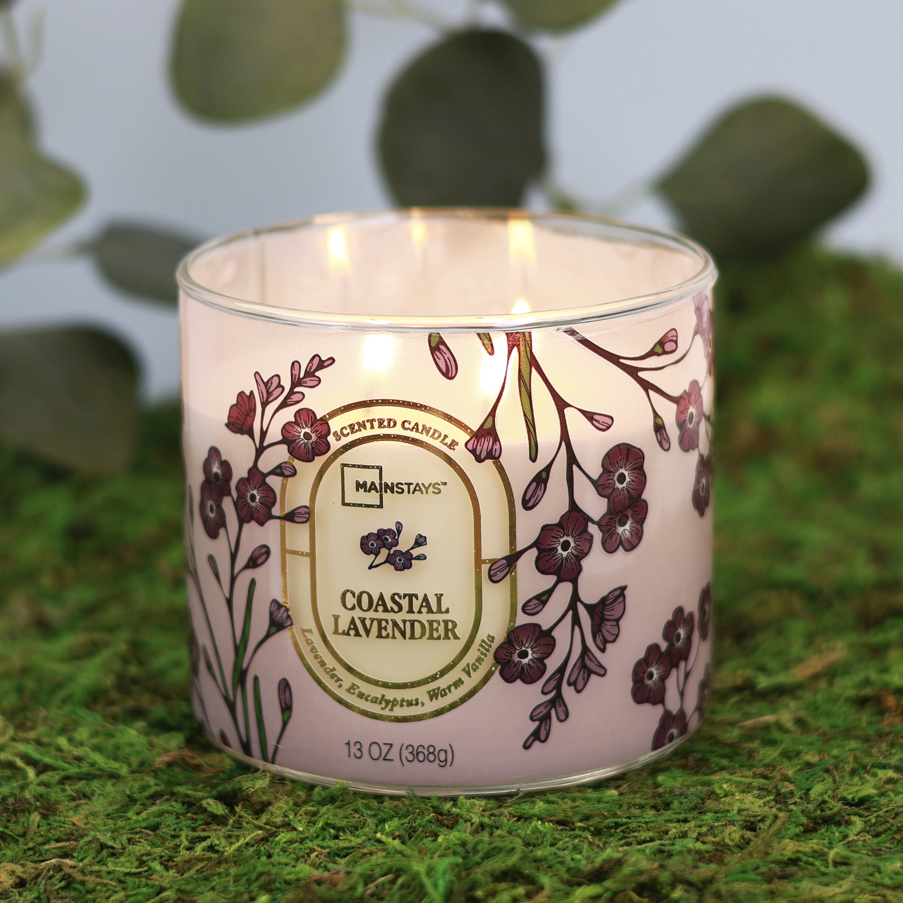 Mainstays 3-Wick Floral Scene Scented Jar Candle, Costal Lavendar, 13oz