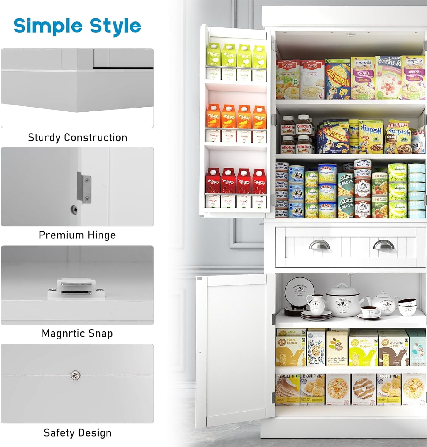 ChVans 72" Tall Kitchen Pantry with 4 Doors, Storage Cabinet with 1 Large Drawer 6 Hanging Shelves, Freestanding Cupboard for Dining Room Living Room