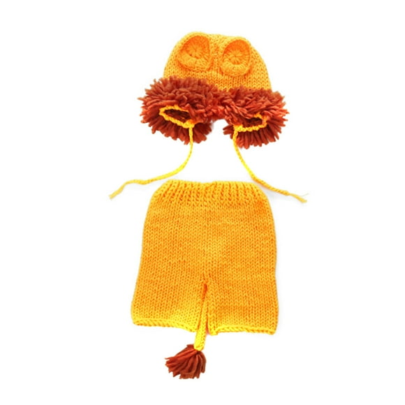Disfraz de león naranja tejido a mano para bebé, estilo caricatura.