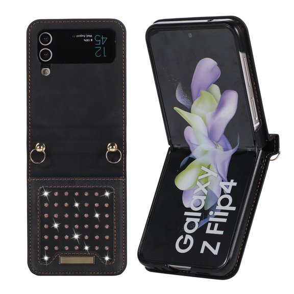 For Samsung Galaxy Z Flip4 Case With Strap Shockproof Luxury Bling PU Leather Wallet Phone Case