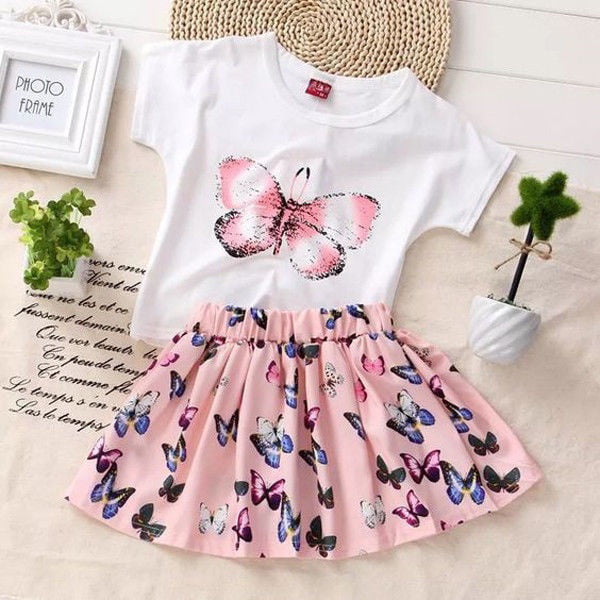 Newborn Infant Baby Girls Butterfly Print Short Sleeve Romper Suspender Skirt Clothes 