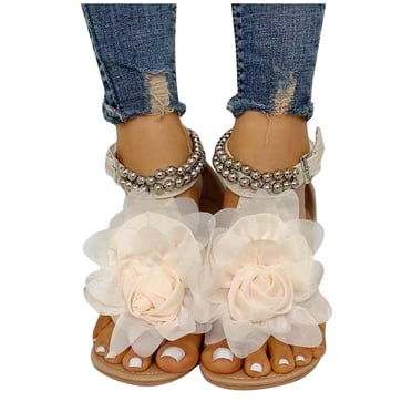 Qertyioot Sandales Plates pour Femmes Liquidation Été Sandales à Perles Style Bohème Fleur Boucle Chaussures
