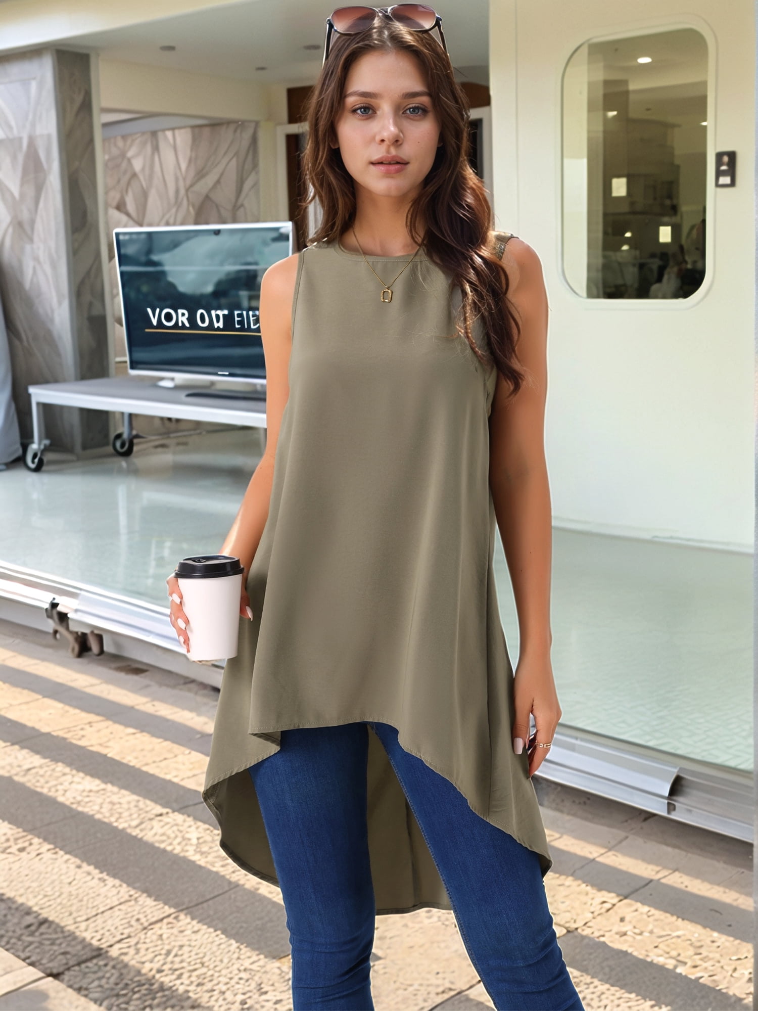 DARING DIVA Women's High Low Sleeveless Crewneck Asymmetrical Blouse S Dark Olive Green