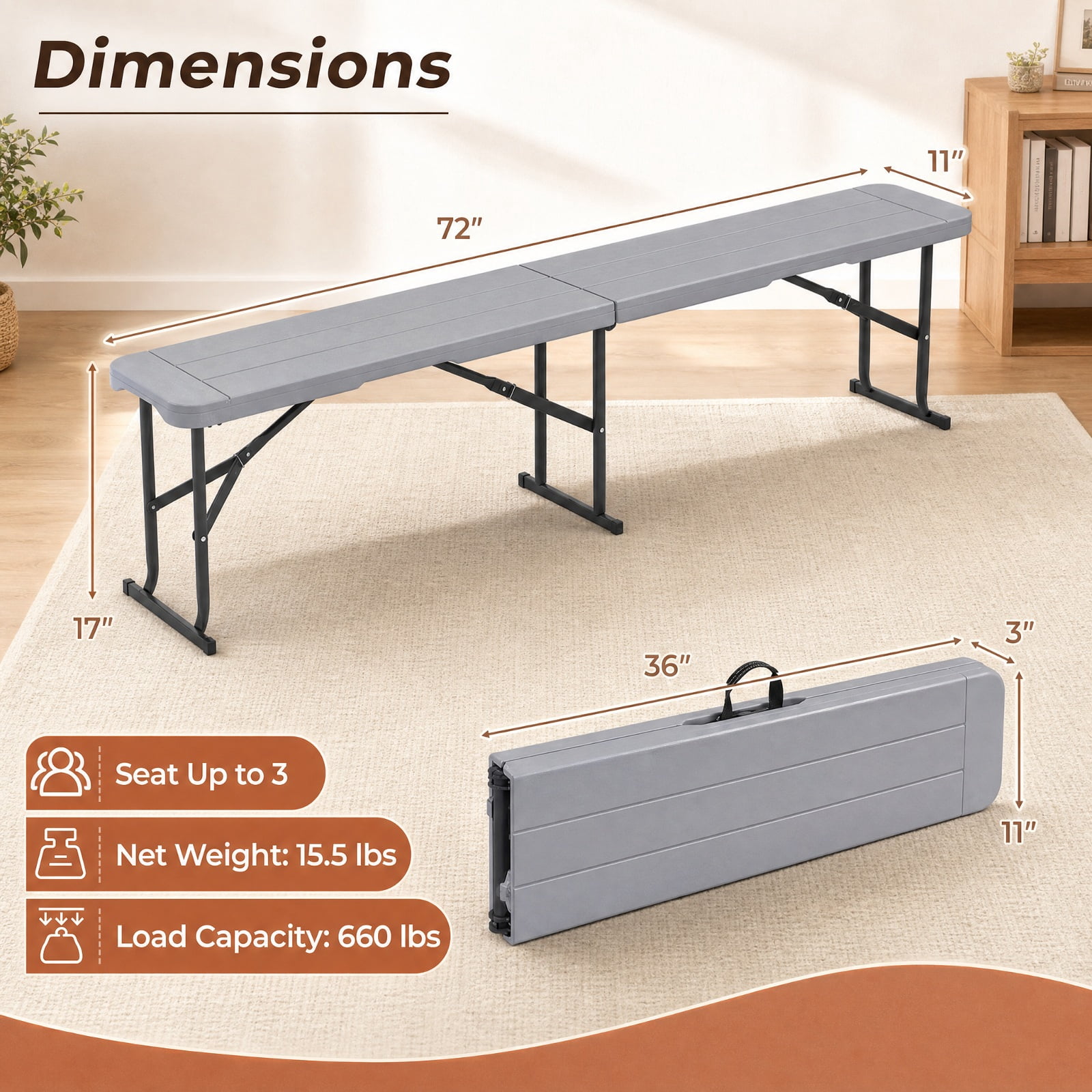 Biotree 6 Feet Folding Bench Portable Seat for Backyard Party 17" x 72" for Picnic Camping Dining, Gray
