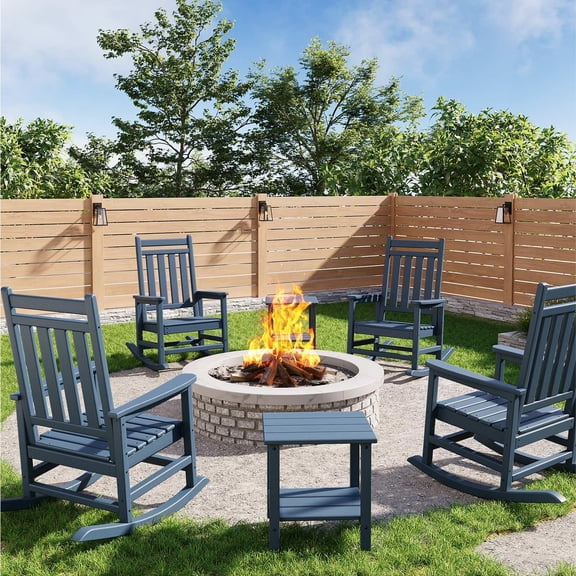 HDPE Rocking Chair Outdoor Set of 4 with 2 Side Table - Poly High Back Porch Rocker Chairs for Adults - All Weather Resistant Furniture for Patio Front Porch - Navy Blue