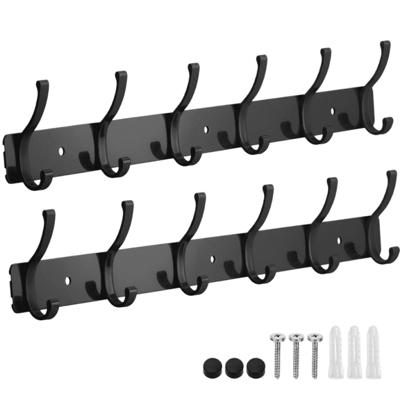 2-Pack Heavy Duty Wall Mount Coat Rack, 5 Double Hooks Metal Rail Hanger for Clothes, Hats, Robes & Towels, Entryway & Bathroom Organizer, Black