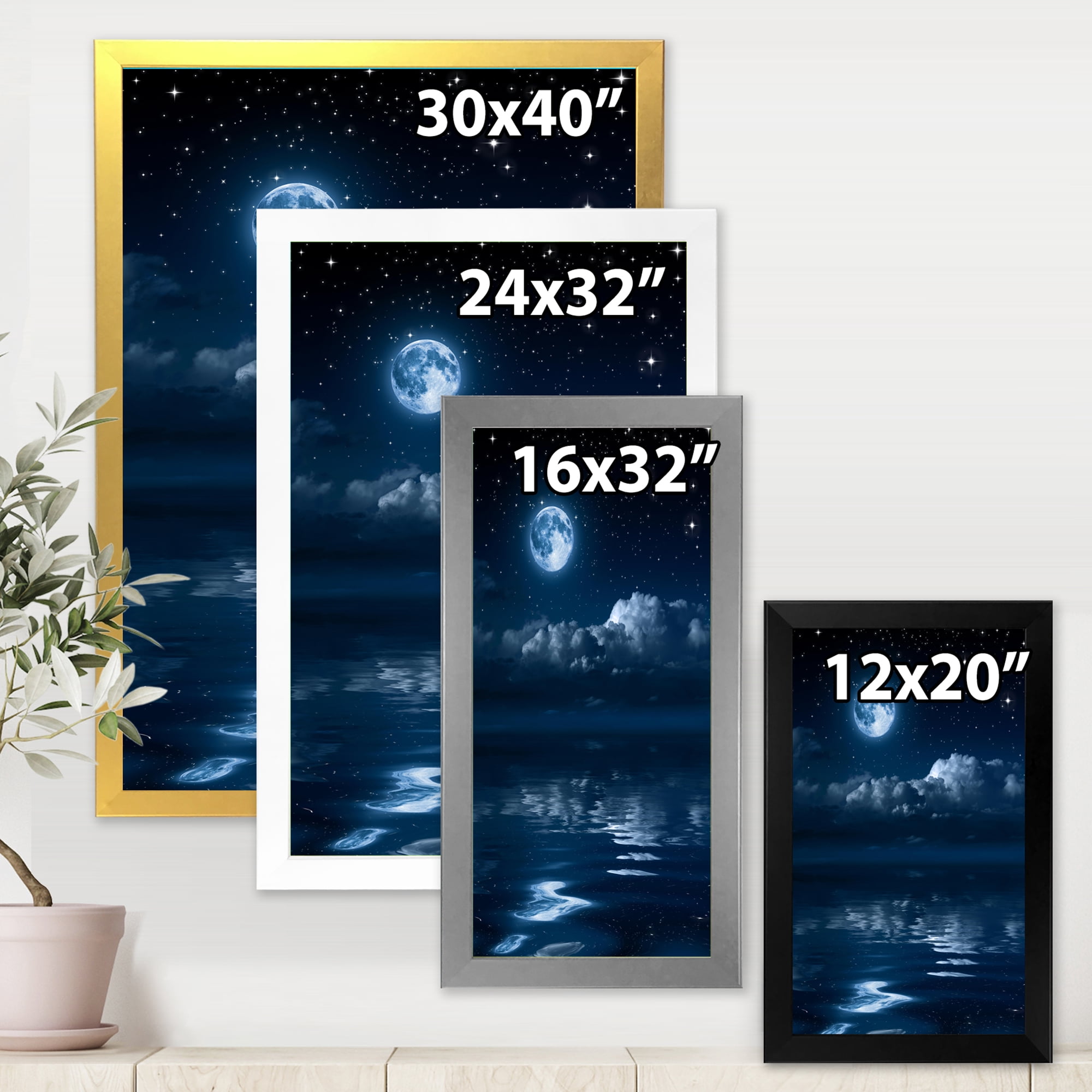 Designart 'Full Moon Night in Cloudy Sky I' Nautical & Coastal Framed Art Print
