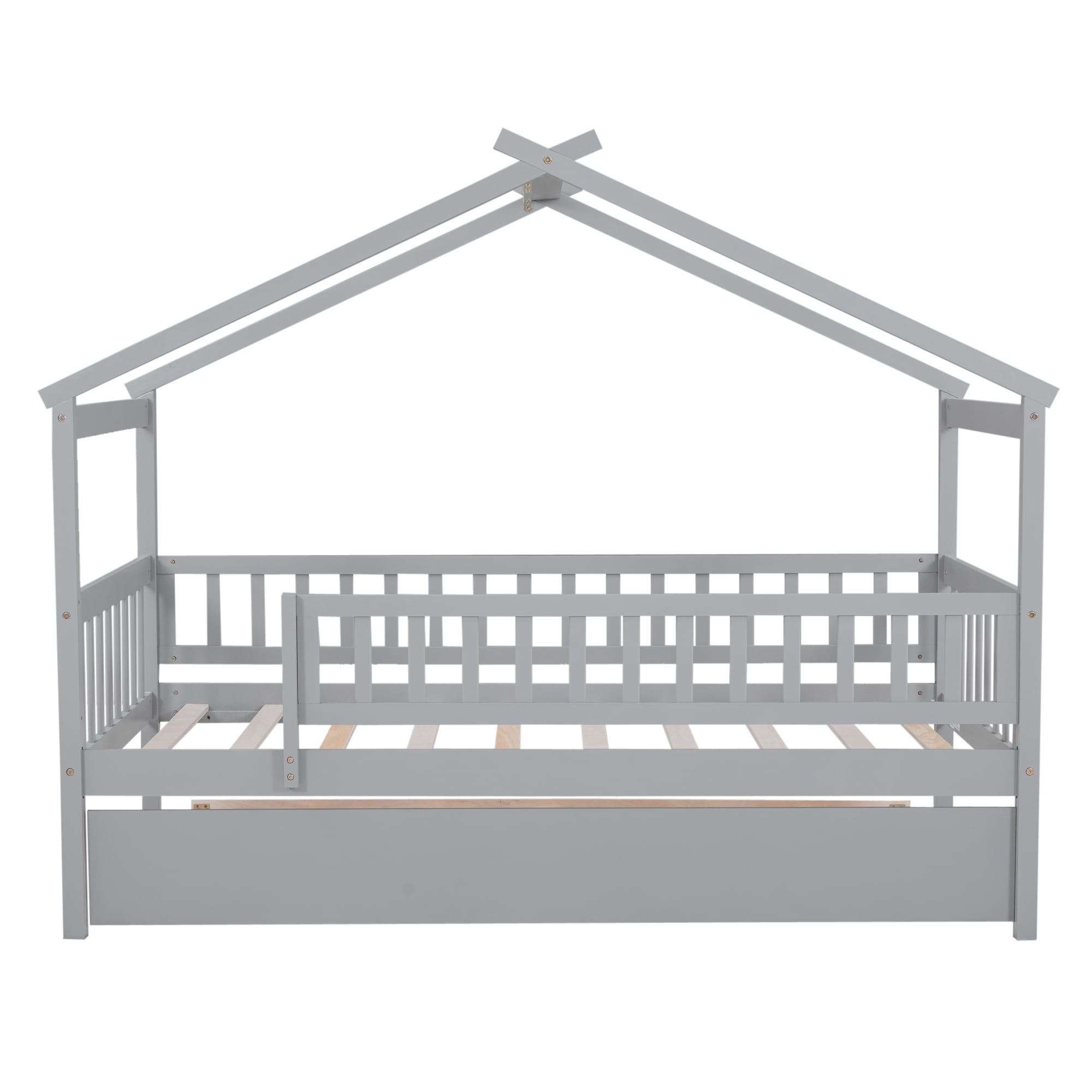 Bellemave Twin Size House Bed with Trundle Playhouse Platform Bed Wooden House-shaped Bed Frame with Fence Guardrail and Roof Tent Beds for Teens (Gray, Twin Size)