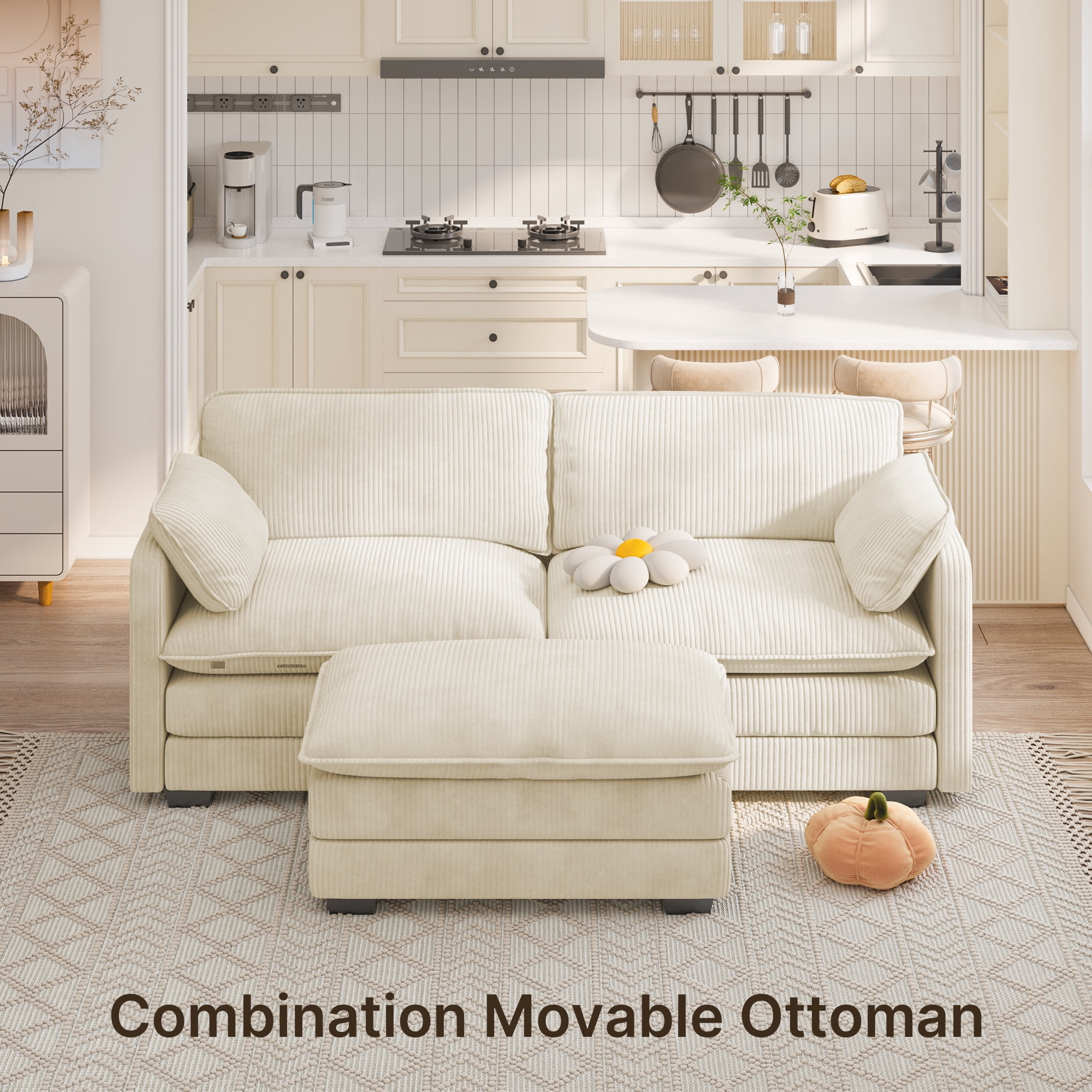 Noelse 75'' Love Seat with Movable Ottoman for Small Space Soft Corduroy Couch Sofa with 2 Pillows 2 Seater Modular Sectional Sofa for Living Room Bedroom and Apartment, Beige