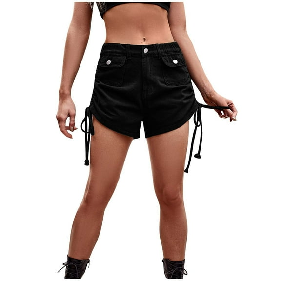Summer Cargo Shorts for Womens Juniors 5" Comfy High Waisted Wide Leg Denim Shorts Drawstring Side Casual Short Jeans