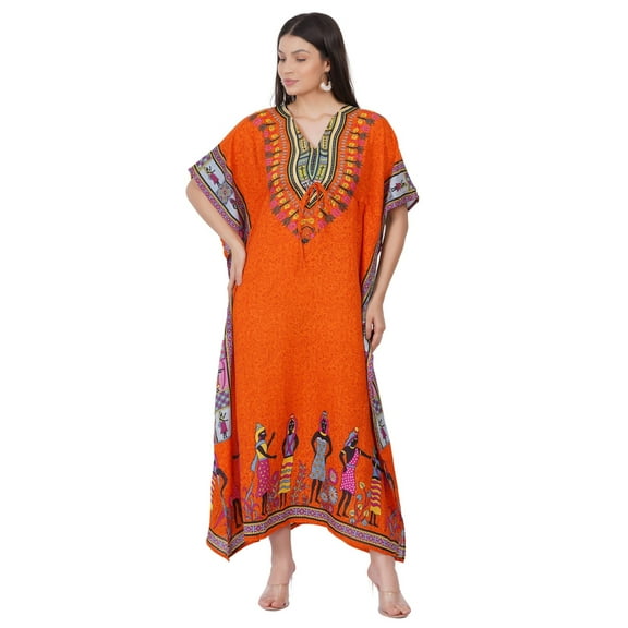Women's Kaftan Dress Beach Cover Up Tribal Ethnic Print Plus Size Loose Kimono Maxi Dress - Color Orange African