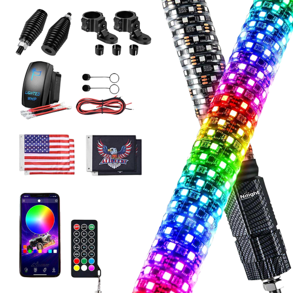 Nilight 3FT RGB LED Whip Light Complete Mounting Kit for ATV UTV RZR Can-Am, 2Pcs LED Whips with APP & Remote Control, Heavy Duty Spring Bases, Adjustable Roll Bar Brackets Fit 1.5 to 2" Tubes