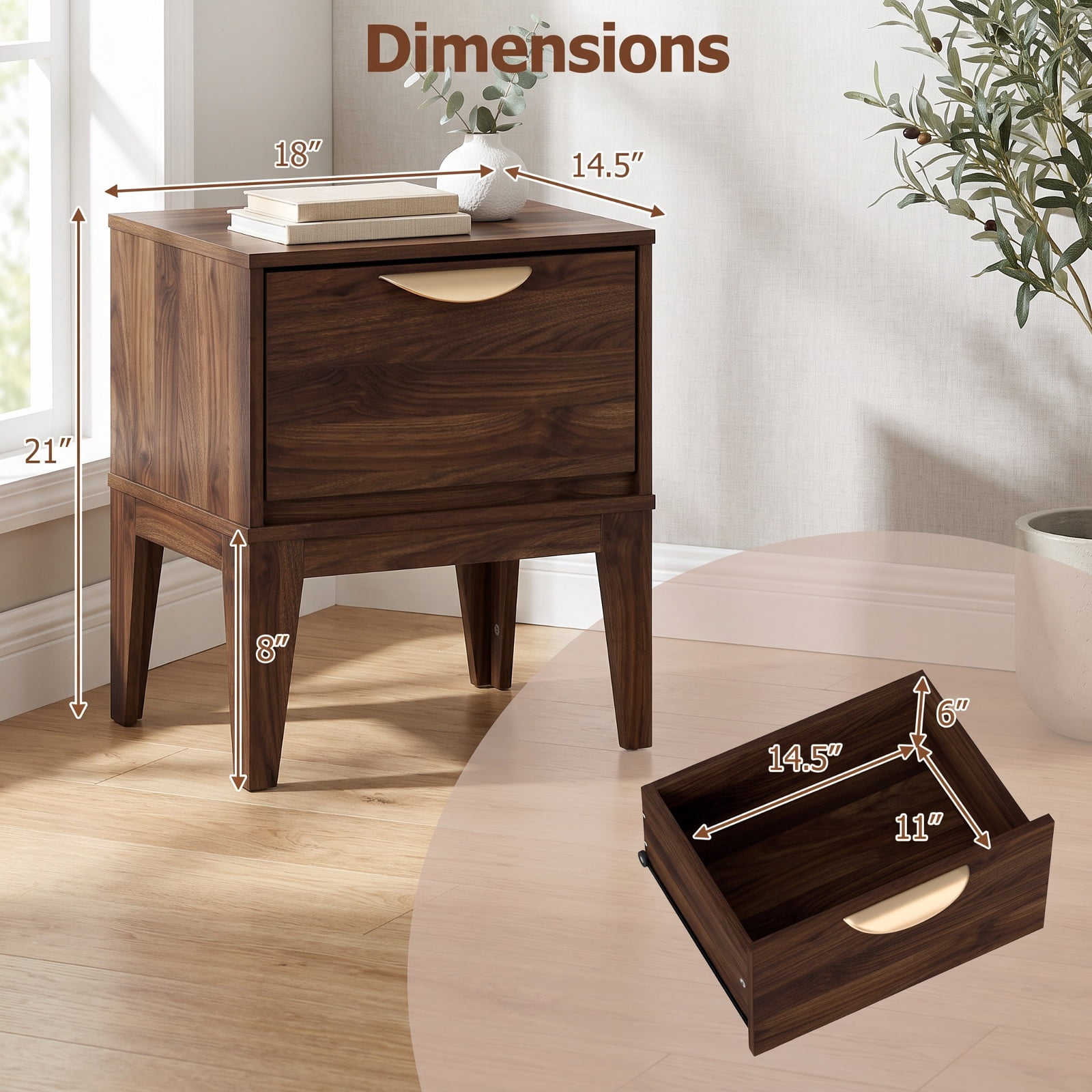 Furnibear Mid Century Modern Bedside Table with Drawer and Tapered Support Feet for Bedroom for Bedroom Living Room Bedside Sofa Side Small, Walnut
