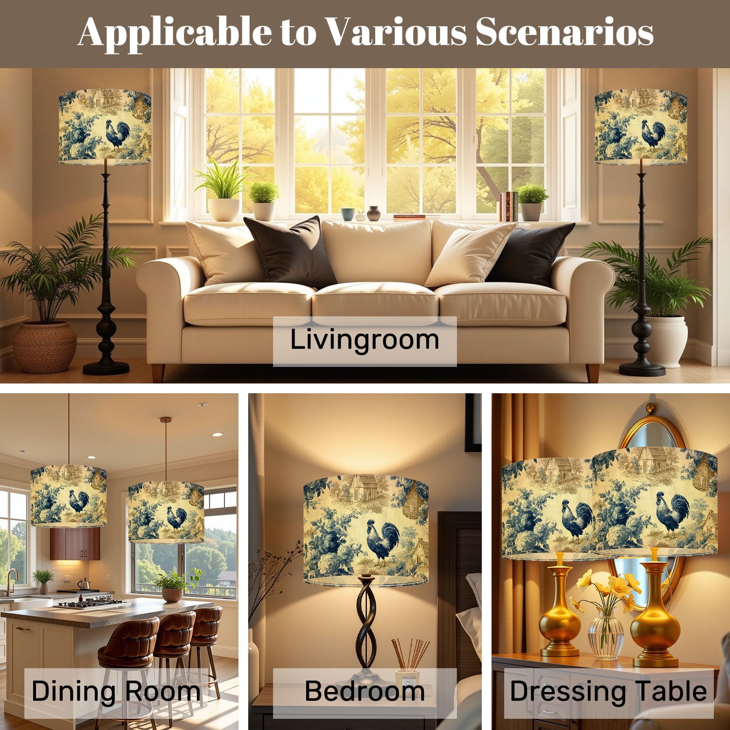 Lampshades 2 Pack Vintage Farmhouse Toile Roosters Cottages Blue Floral Motifs 13"x13"x10" Light Shade for Table Lamps Floor Lamps Drum Lamp Shades Lampshade Replacement Easy Assembly