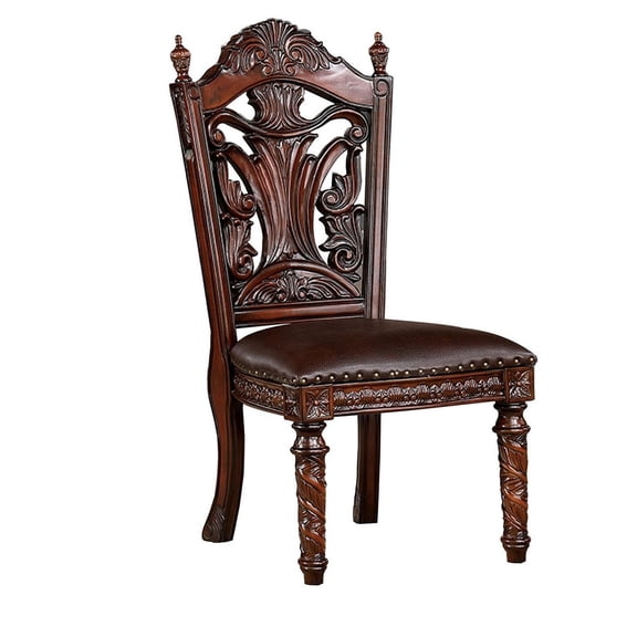 Iga 22 Inch Carved Dining Chair Set of 2 Faux Leather Seat Nailhead Trim