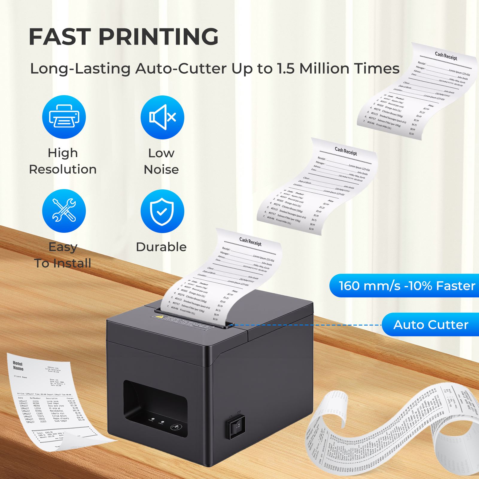 80mm Receipt Printer ESC/POS Thermal Printer, Restaurant Kitchen Printer with Auto Cutter Support Cash Drawer, POS Printer w/ USB Serial Ethernet Interface Support Windows/Mac, Wall Mount