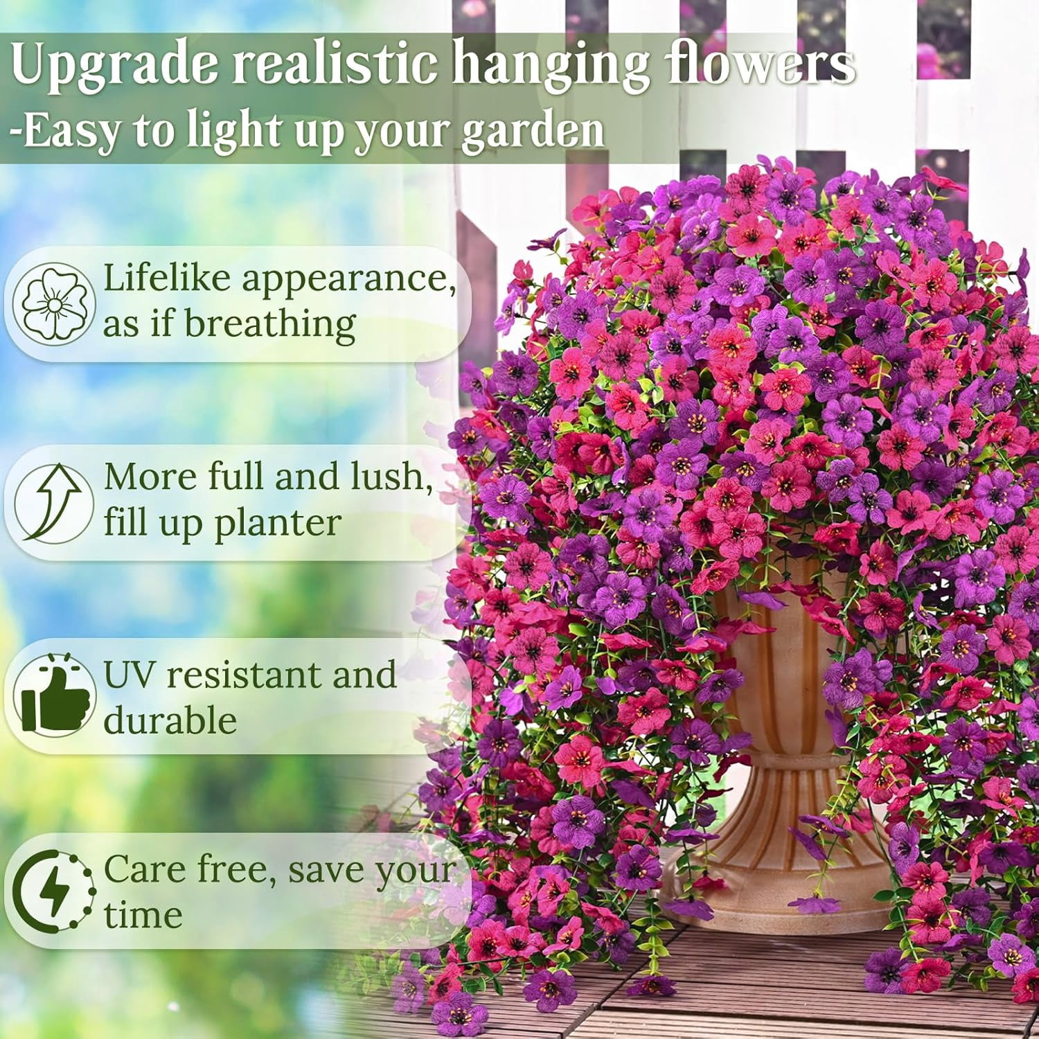Waipfaru Artificial Hanging Flowers for Outdoors Spring Summer Decoration,2 Pcs UV Resistant Faux Silk Violet Fake Flowers for Garden Porch Window Home Decor(Purple&Rose Red)