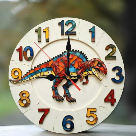 Colorful Dinosaur Wall Clock Decor for Kids Room 10-Inch Silent Wooden Wall Clock, Battery Operated (AA Batteries Not Included), Artistic Home Decor