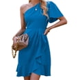 thumbnail image 4 of VISgogo Vestido de noche de verano para mujer Color sólido Un hombro Volantes Mini vestido de fiesta femenino VISgogo  moda, 4 of 9