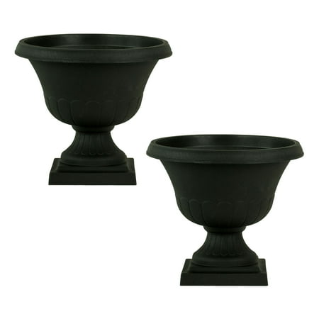 2 Pack of 12 Inch Flat Black Classic Urn Plastic Planter for Indoor and Outdoor