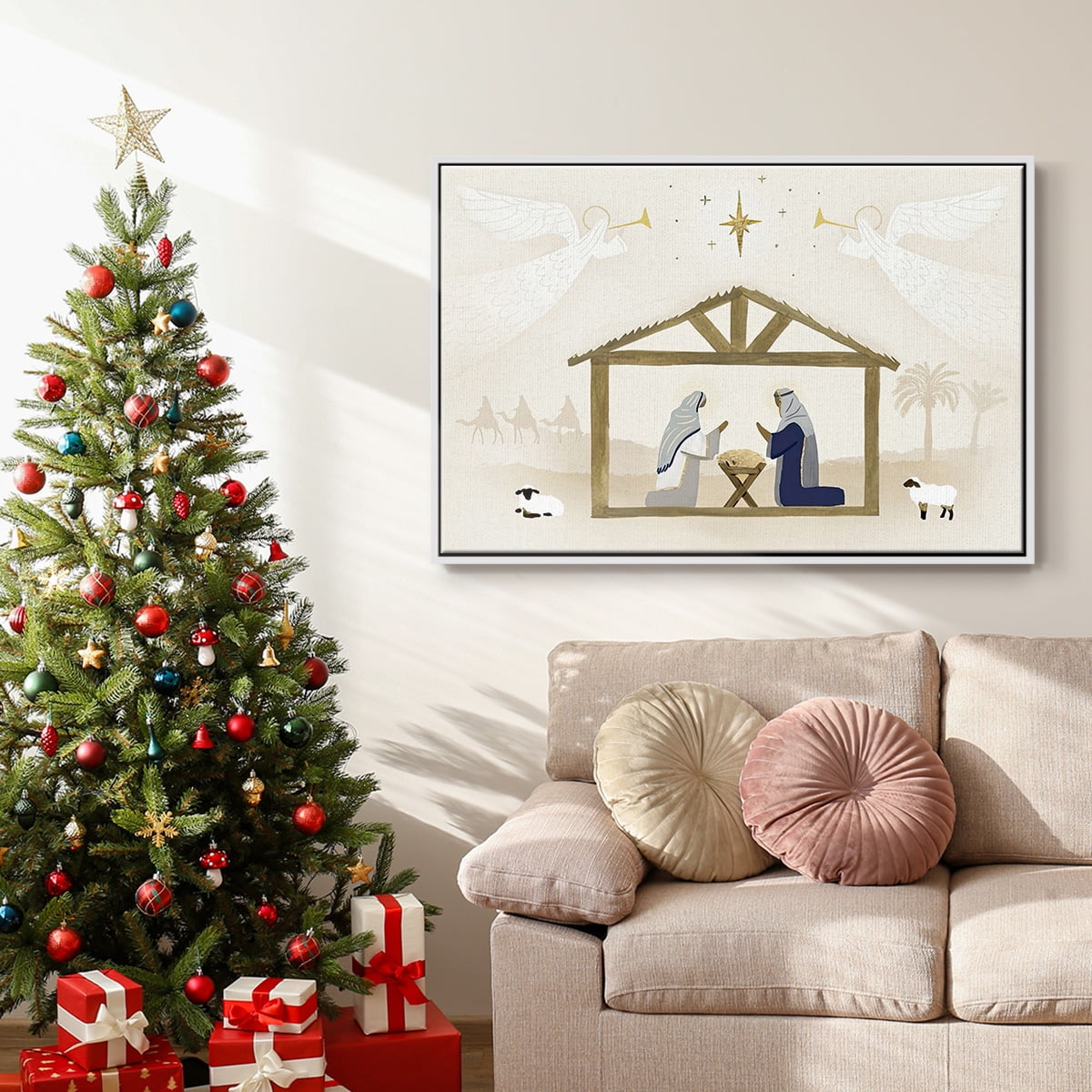 Away in a Manger Collection A - Framed Gallery Wrapped Holiday Canvas - 17 x 25 - White Frame