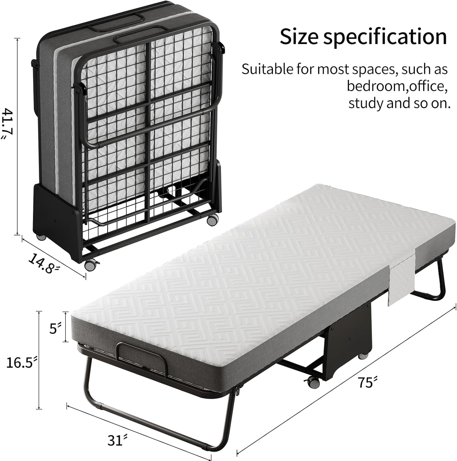 Folding Bed with Mattress - 75"x31"Twin Size Frame - Portable Rollaway Guest Bed with 5-inch Memory Foam Mattress - Space-Saving Foldable Design for Easy Storage (75"×31")