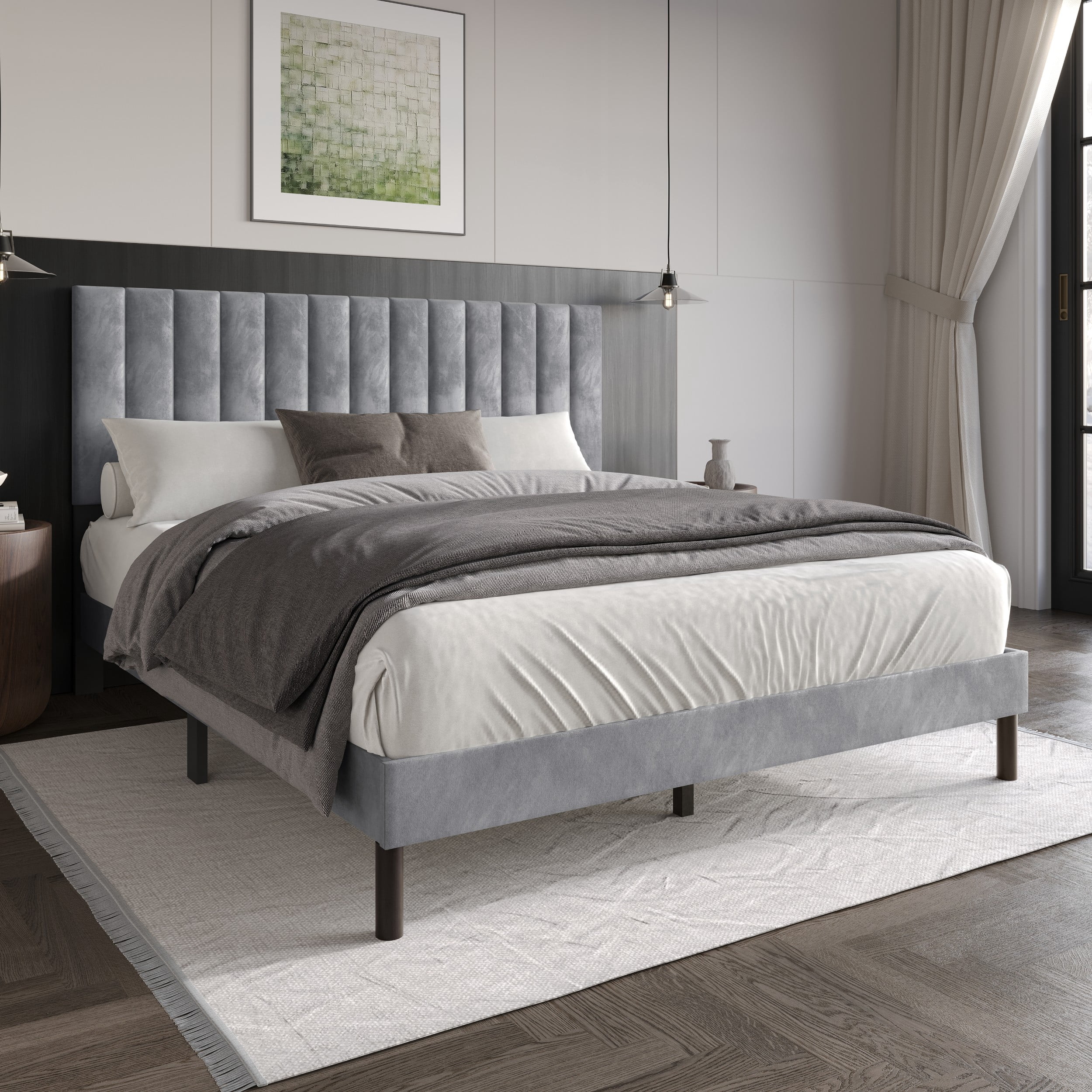 Home Design Sitka Twin Velvet Upholstered Platform Bed Frame with Channel-Tufted Headboard & Foam Padding, Silver Gray, Easy Assembly