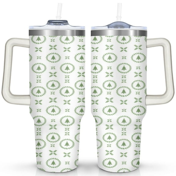 White Green Christmas Tree 40 Oz Tumbler with Handle Lid and Straw Stainless Steel Double Walled Vacuum Insulated Cup Merry Christmas Gifts Tumbler for Women Men Friends Outdoor Indoor