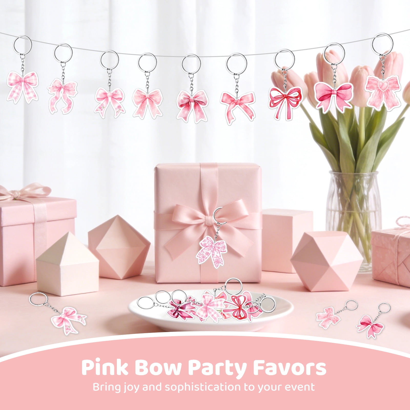 100PCS Pink Bow Party Favors, Acrylic Pink Bow Keychains, 20 Unique Designs, Cute Bag Charm Accessories with Sturdy Metal Rings, Ideal for Present Bag, Candy Boxes, Party Supplies