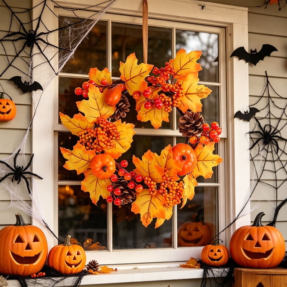 Halloween Decoration Indoor Outdoor Clearance Under $5.00! Thanksgiving Fall Decorations for Home, Front Door Fall Wreath With Artificial Leaves For Indoor Outdoor Party Home Garden Wall Decor