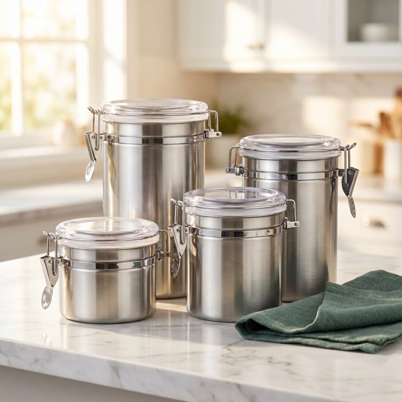 4 Pcs Stainless Steel Canisters Set with Clear Lids - Airtight Food Storage Containers for Kitchen Counter, Coffee Beans, Cereal, Sugar, Flour, Tea, and Cookie Organization