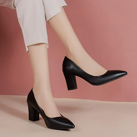 XIMIN Women's Closed Pointed Toe Work Dress Pumps Low Chunky Patent Leather Office Heels Suede Wedding Party Slip On Daily Comfy Pump Shoes (7.5, Black)