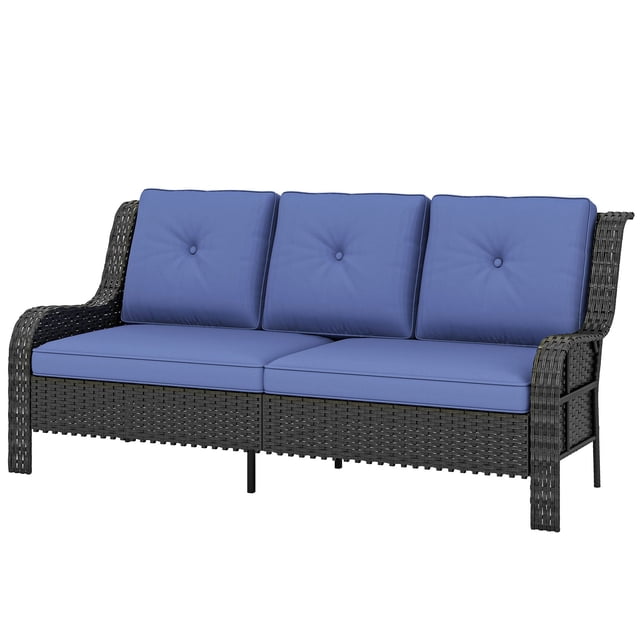 3 Seater Wicker Patio Sofa with Deep Blue Cushions, PE Rattan Outdoor Couch with Steel Frame, 72.4" Wide Weather-Resistant Garden Seating for Porch, Backyard and Poolside