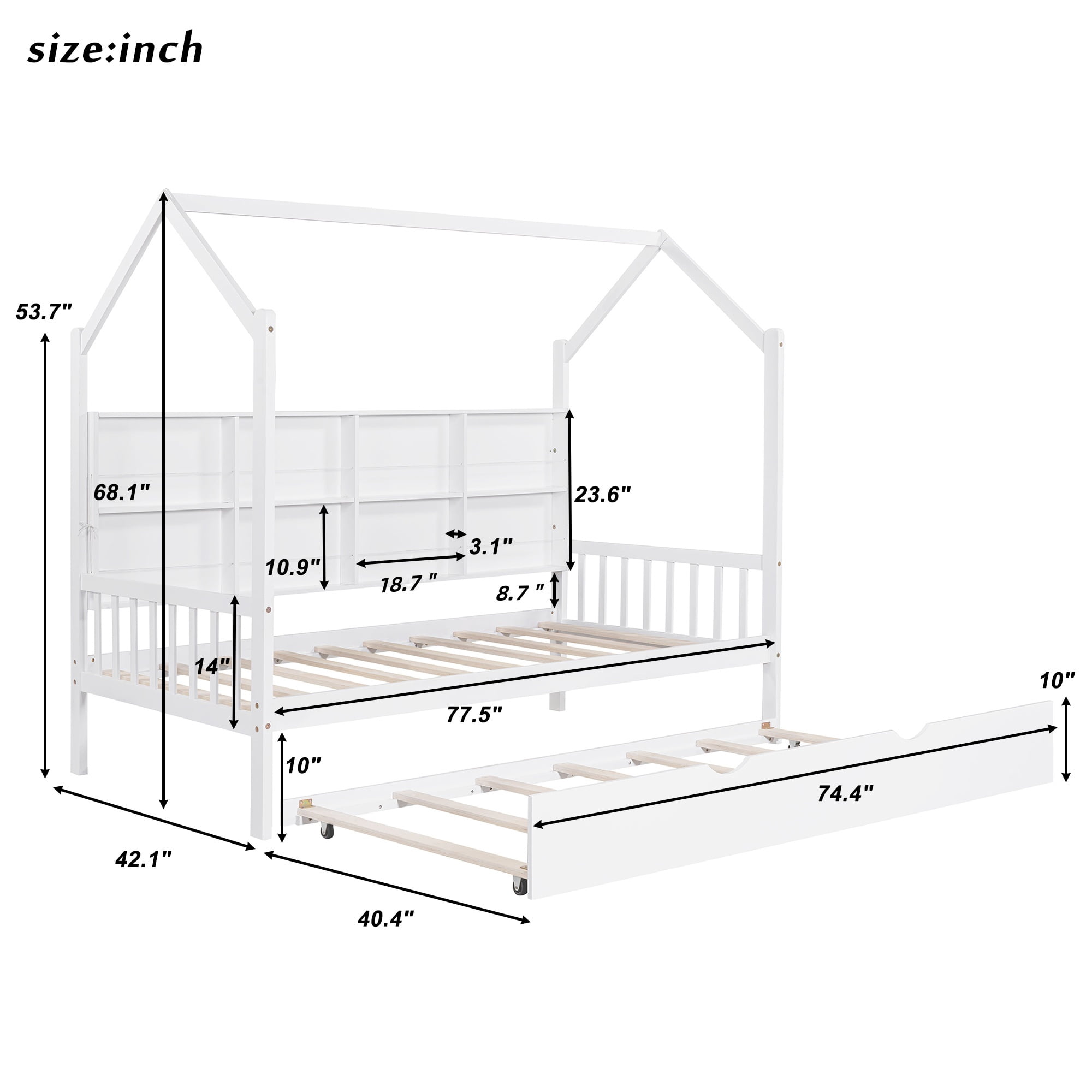 Euroco Wood Twin Size House Bed with Trundle, Platform Bed with Storage Shelves, White