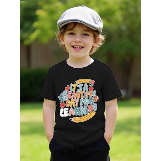 Boys' orange "it'S a Beautiful Day for Learning" Graphic T-Shirt - Short Sleeve, Round Neck, Casual Summer Top with Pencil & Book Design, Perfect for outdoor activities, Youngsters'S Ca