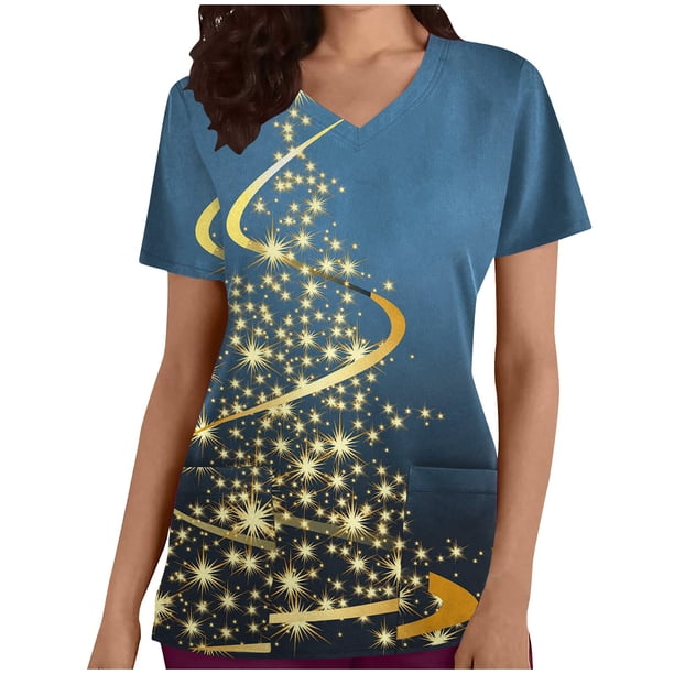 Blusa de Manga Corta, Cuello en V Impresión de Bolsillo Superior, Moda de la Mujer Casual Poliéster Blusa de Spandex