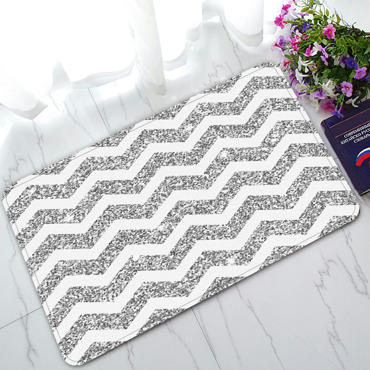 ABPHQTO Bright Chevron Silver Glitter And White Texture Doormat
